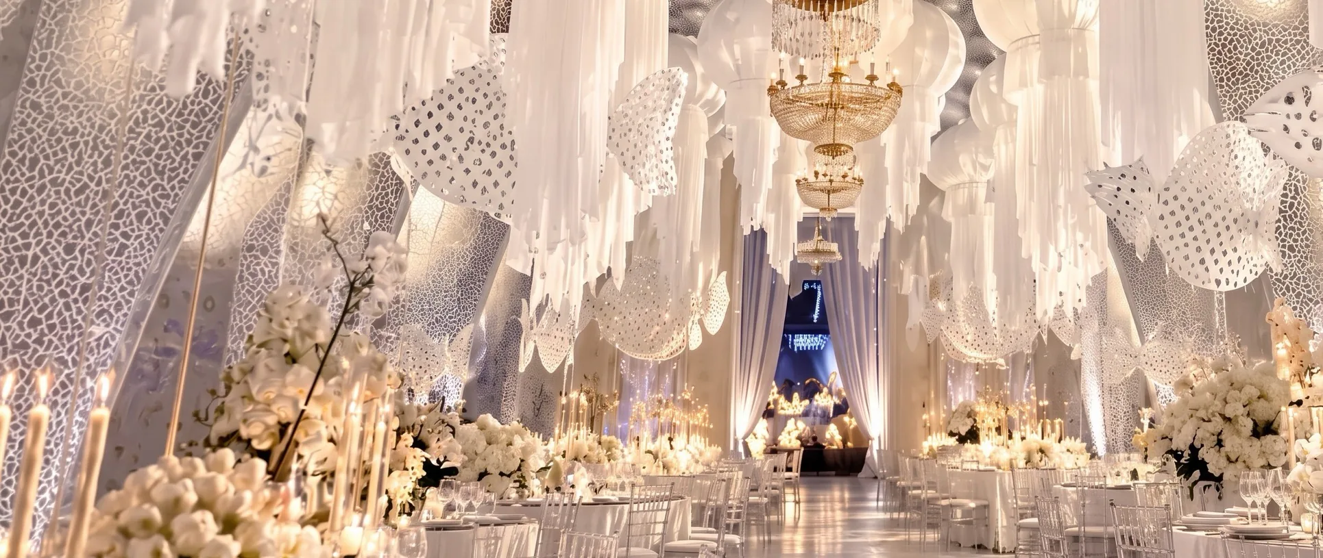 Gold crystal chandeliers above a white draped ballroom aisle lined with candlelit floral tables and chiavari chairs at the Copa Ball
