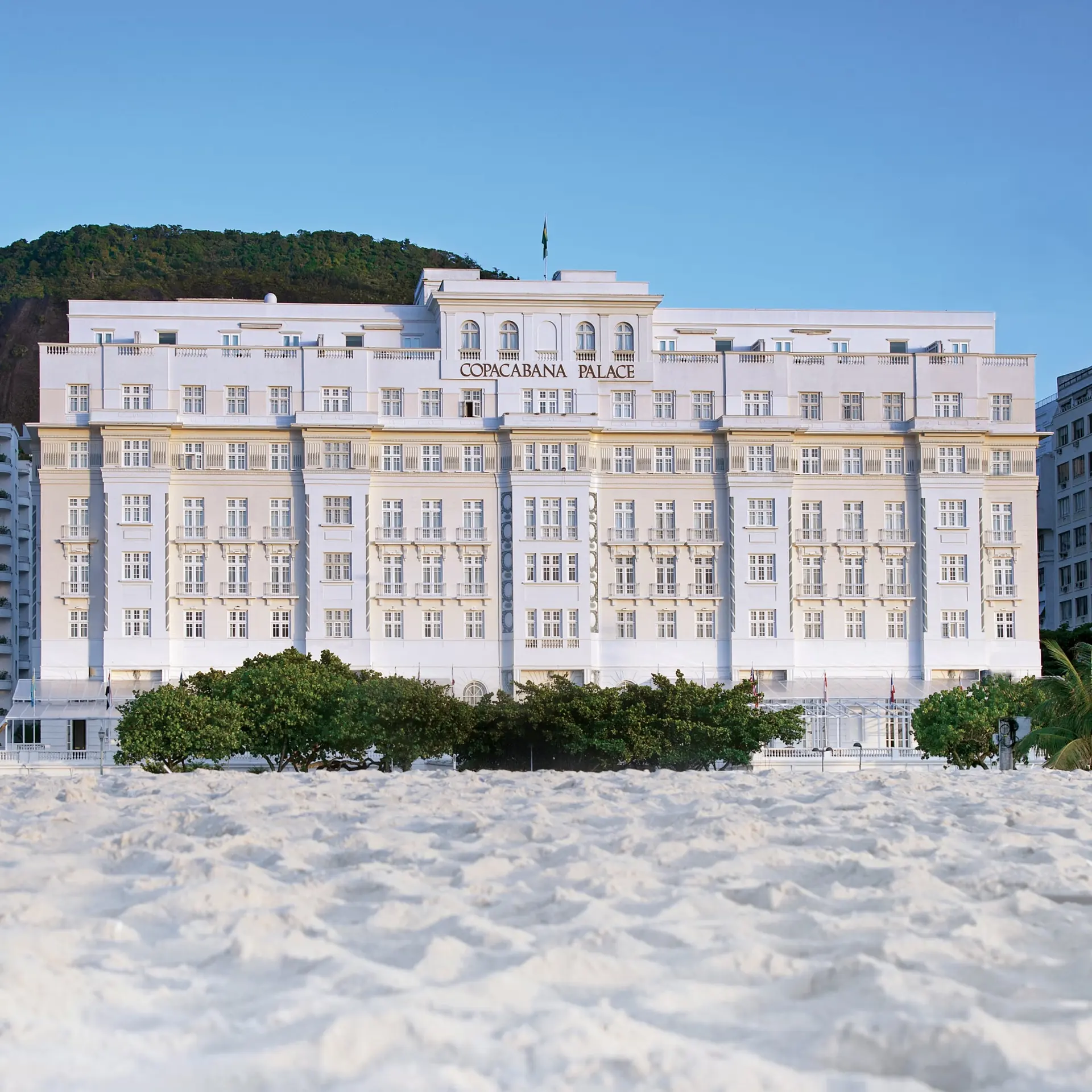 The Copacabana Palace facade seen from Copacabana beach