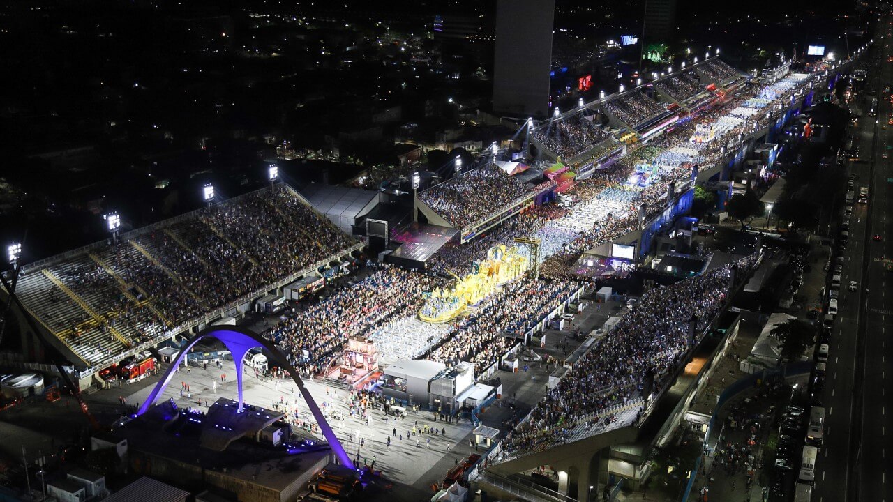 Aerial view of a samba school parade in the Sambadrome - Rio Carnival